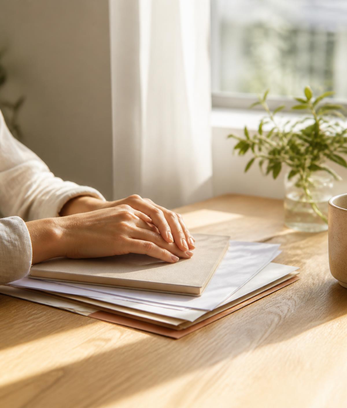 Hands resting on a small stack of paperwork at a sunlit table
